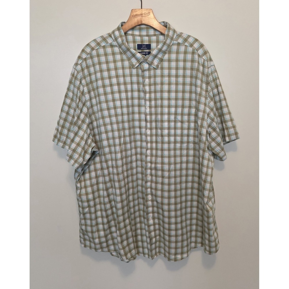 George Plaid Shirt Button Down Olive White Blue Short Sleeves Mens Big‎ Tall 3XL - Picture 2 of 12